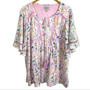 Haute Hippie Tribe Pink Floral Flutter Sleeve Top